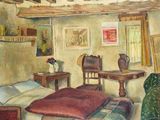 un tableau représentant une chambre à coucher avec un lit et une table