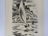 un vieux dessin représentant un voilier sur l'eau, avec une montagne en arrière-plan