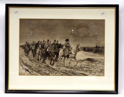 painting of a group of men riding on horses in a field
