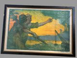 painting of a woman pointing at a ship in the water