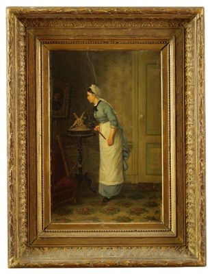 une peinture à l'huile représentant une femme en tablier en train de nettoyer une table