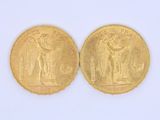 two pieces of gold coins, one of which has an image of a man on a horse and the other of which is a woman on a horse