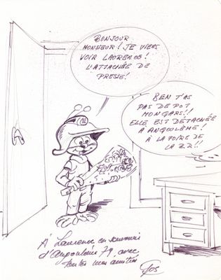 dessin représentant un personnage de bande dessinée, un homme en tenue de pompier tenant un bouquet de fleurs