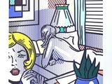 painting of a woman laying in a bed with a plant in a vase