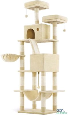 the cat tree is made of wood and has multiple levels