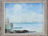 a painting of a boat on the water by the shore