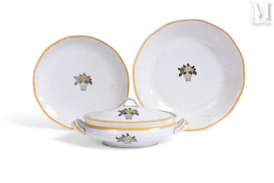 two plates and a bowl on a white surface with a yellow border
