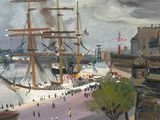 a painting of a ship in a harbor with a lot of people