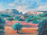 une peinture à l'huile représentant un champ avec des arbres et des montagnes en arrière-plan