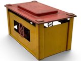 a small yellow box with a red roof on a white surface