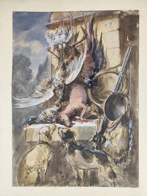 tableau représentant un homme à cheval avec un oiseau sur le dos