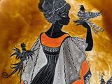 a plate with a woman holding a bird and a bird on it