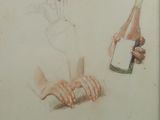 drawing of a person holding a bottle of wine next to a drawing of a hand holding a bottle of wine