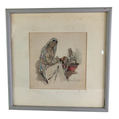 painting of a woman sitting on the ground with a man in the background