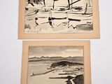 two black and white pictures of boats on a white surface