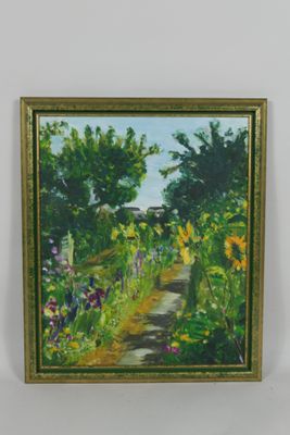 an oil painting of a path through a garden with sunflowers