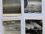 four black and white photos of a plane flying over a body of water