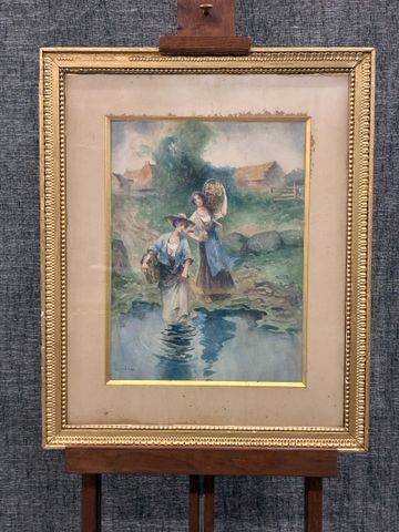 Allan OSTERLIND (1855-1938) « Jeunes filles à la rivière». Aquare...