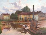 a painting of a boat on a river with buildings in the background