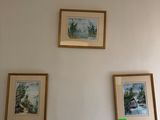 three framed pictures on the wall of a living room