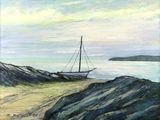 a painting of a sailboat on the shore of the ocean
