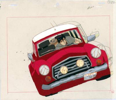 un dessin représentant une voiture rouge avec un homme et une femme à l'intérieur