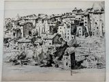 drawing of a black and white picture of a village on a hill