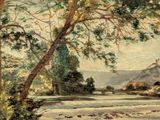 un tableau représentant un paysage avec des arbres et une montagne en arrière-plan