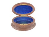 a small wooden box with a blue lid on a white background