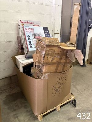 a cardboard box sitting on top of a pallet in a warehouse