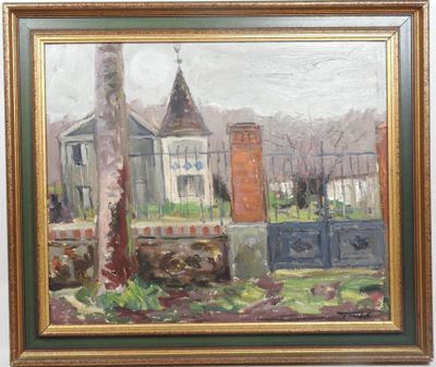 une image représentant un tableau d'une maison avec une clôture devant