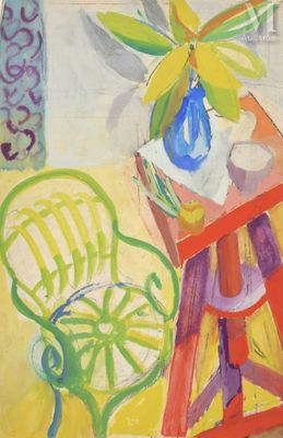 un tableau représentant une table sur laquelle est posé un vase bleu