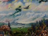 tableau représentant un paysage avec des oiseaux volant dans le ciel