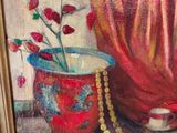 painting of a vase with flowers and beads on a table next to a curtain