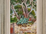a painting of a tree in a garden with a fence