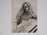 an old drawing of a man with a beard sitting in a chair