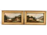une paire de tableaux à l'huile représentant des montagnes et un lac, dans un cadre doré