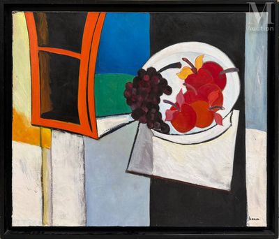 une peinture représentant une coupe de fruits sur une table
