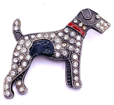 silver and black dog brooch with red collar and rhines