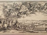 an old drawing of a group of men riding horses in a field
