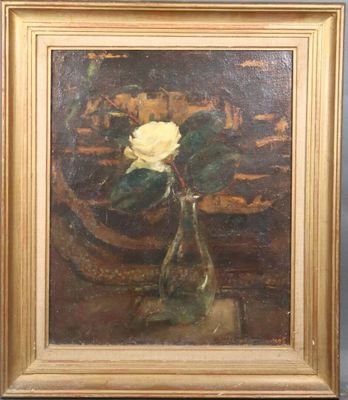 painting of a white rose in a glass vase on a table