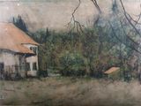 une photo d'un tableau représentant une maison dans un champ
