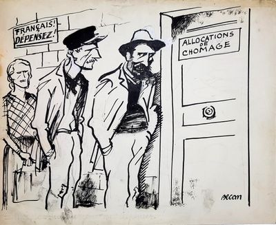 drawing of a man in a hat and a man in a suit standing in front of a door