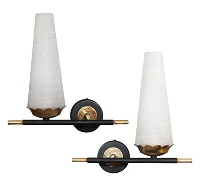 pair of wall sconces in black and gold with white shades