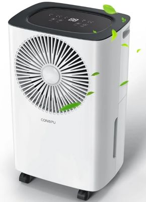 un purificateur d'air blanc et noir d'où sortent des feuilles vertes