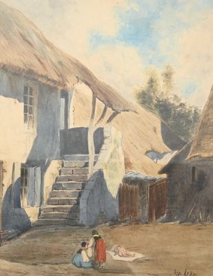 un tableau représentant un homme et une femme assis devant une maison au toit de chaume