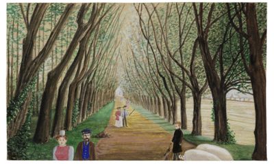 a painting of a group of people walking down a tree lined path
