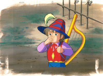 une image représentant un personnage de dessin animé tenant une harpe dans un champ