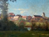 tableau représentant une vue d'un village avec une rivière au premier plan