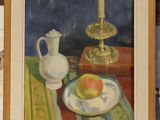 a picture of a painting of an apple and a teapot on a table
